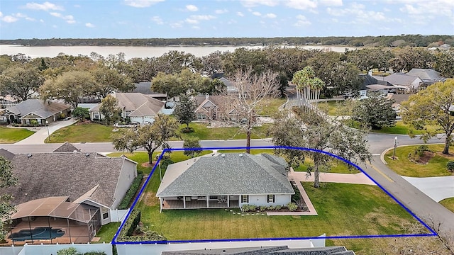 aerial view featuring a water view