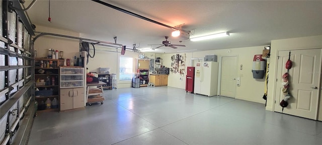 garage featuring a garage door opener and white refrigerator with ice dispenser