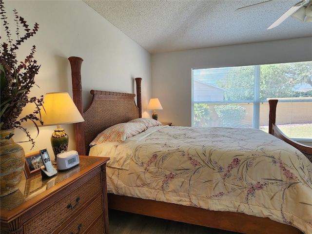 bedroom featuring lofted ceiling and a textured ceiling