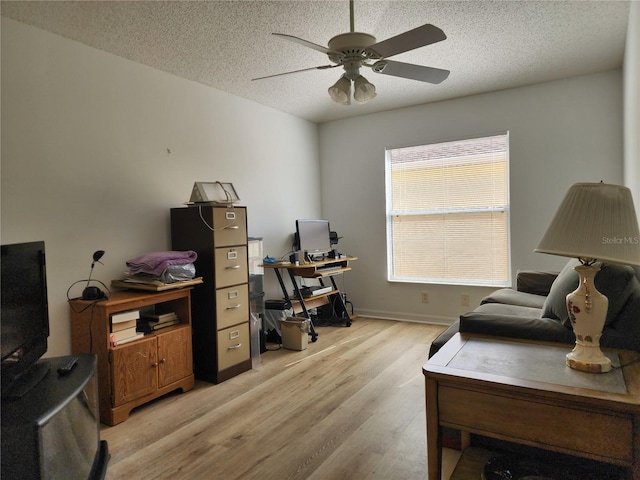 office area with ceiling fan, a textured ceiling, and light wood-type flooring