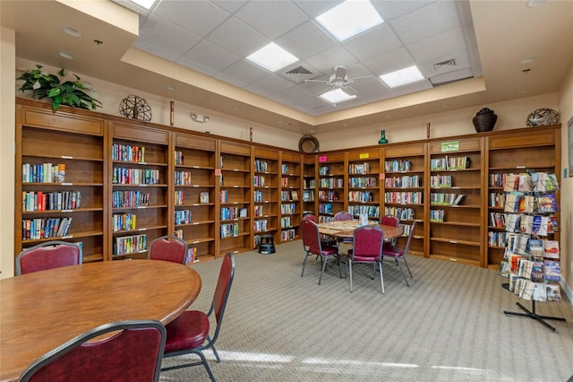 office space with light colored carpet and a raised ceiling