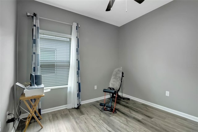 workout area with ceiling fan and light hardwood / wood-style flooring