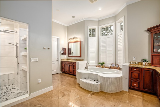 full bath featuring ornamental molding, tiled shower, vanity, and a bath