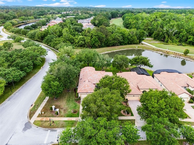 aerial view featuring a water view and a residential view