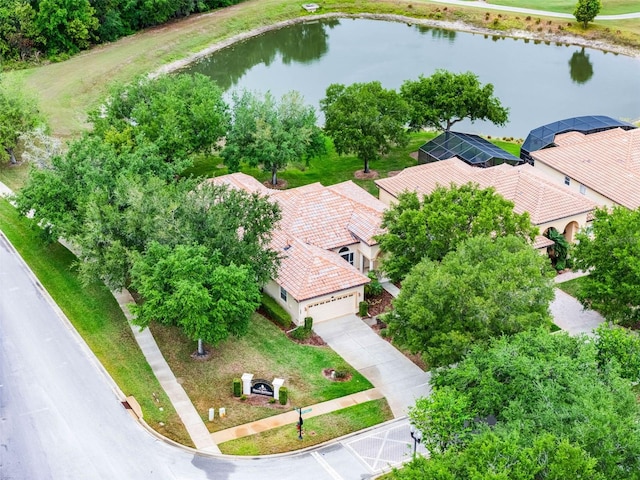 aerial view featuring a water view