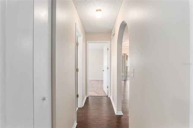 hall featuring dark hardwood / wood-style flooring and a textured ceiling