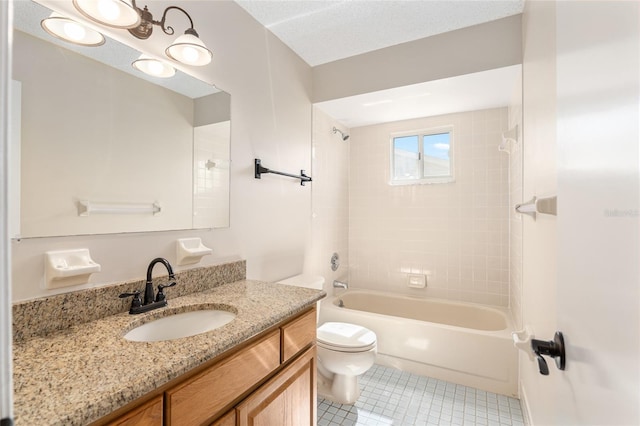 full bathroom with tiled shower / bath combo, tile patterned flooring, vanity, and toilet