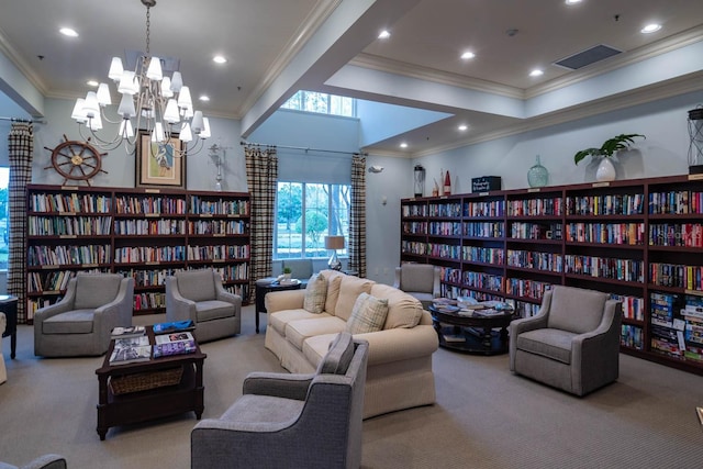 living area with ornamental molding and light carpet