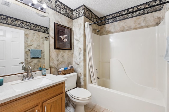 full bathroom with toilet, a textured ceiling, shower / bathtub combination with curtain, tile patterned floors, and vanity