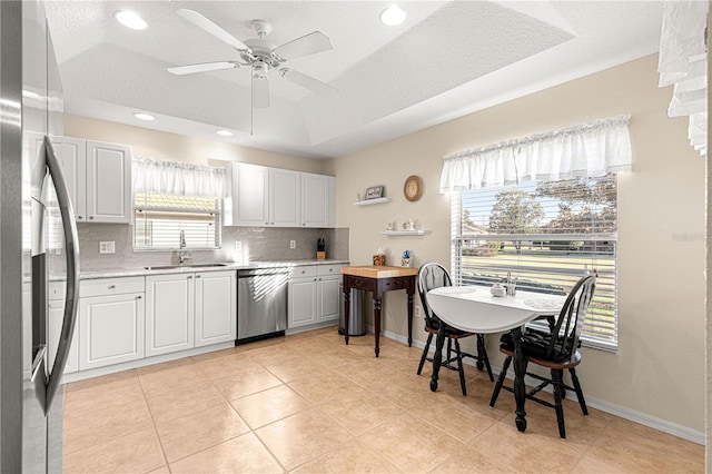 kitchen featuring tasteful backsplash, baseboards, a tray ceiling, stainless steel appliances, and white cabinetry