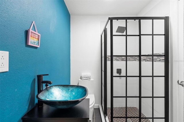 bathroom featuring toilet, a shower stall, and a sink