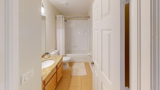 full bathroom featuring vanity, toilet, and shower / bathtub combination with curtain