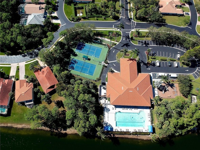 bird's eye view with a water view