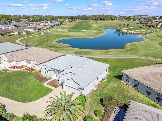 birds eye view of property featuring a residential view, golf course view, and a water view