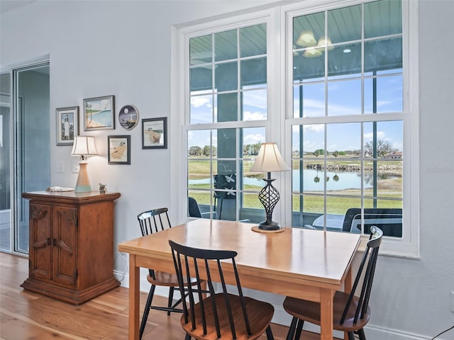 dining area featuring light wood finished floors, baseboards, and a water view