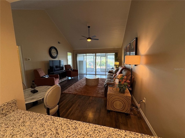 1152 Villa Ln Unit 104, Apopka, FL 32712 - living room with ceiling fan, dark hardwood / wood-style floors, and high vaulted ceiling