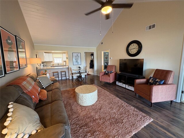 1152 Villa Ln Unit 104, Apopka, FL 32712 - living room featuring ceiling fan, dark hardwood / wood-style floors, and high vaulted ceiling
