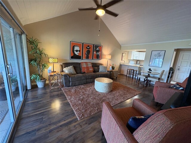 1152 Villa Ln Unit 104, Apopka, FL 32712 - living room featuring crown molding, ceiling fan, dark hardwood / wood-style floors, and high vaulted ceiling
