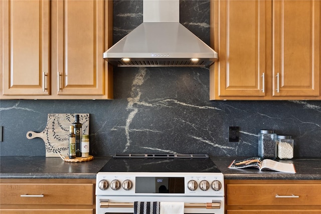 kitchen with tasteful backsplash, white electric range, and wall chimney range hood