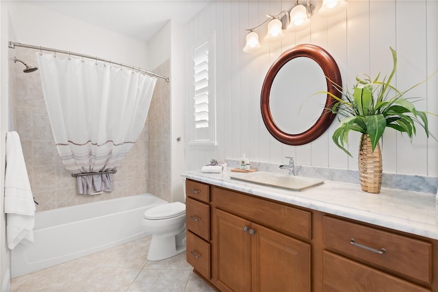 full bathroom with tile patterned flooring, vanity, shower / tub combo with curtain, and toilet