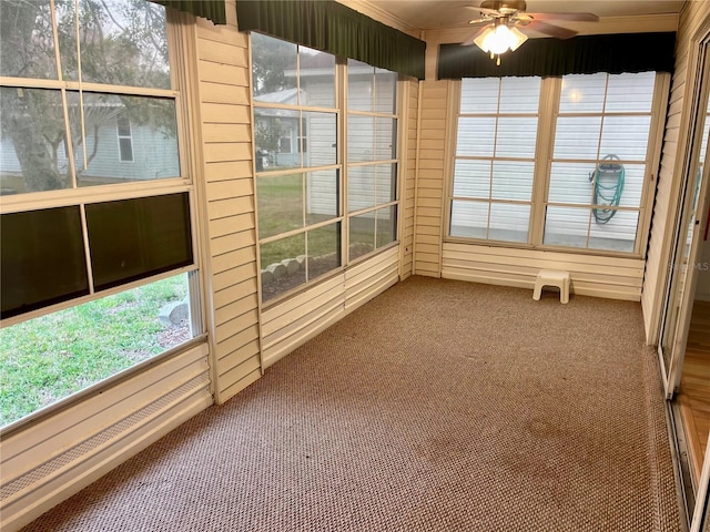 unfurnished sunroom with wood walls, a ceiling fan, and carpet floors