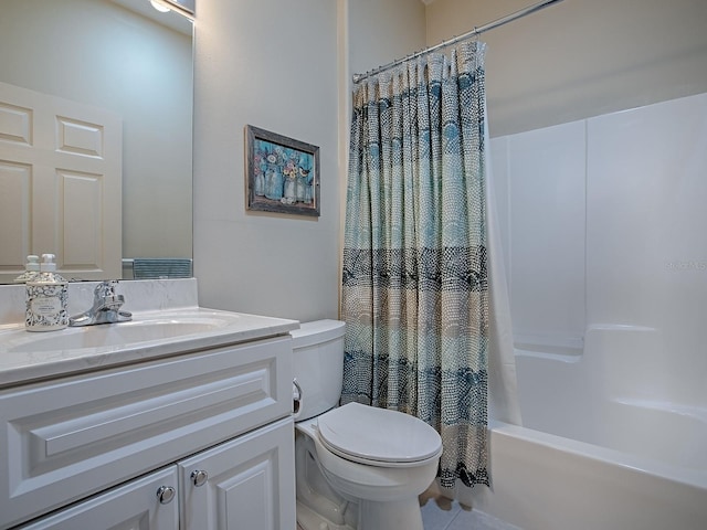 full bathroom with vanity, toilet, and shower / bath combo with shower curtain