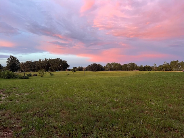 yard at dusk featuring a rural view