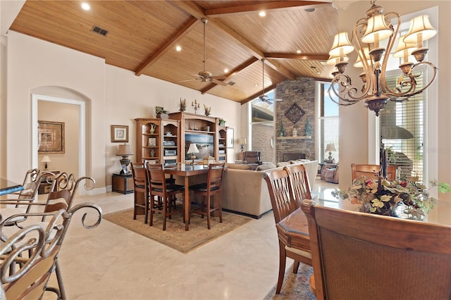 dining room with wood ceiling, beam ceiling, high vaulted ceiling, and a stone fireplace