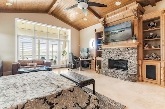 living room featuring wood ceiling, a fireplace, beam ceiling, and ceiling fan