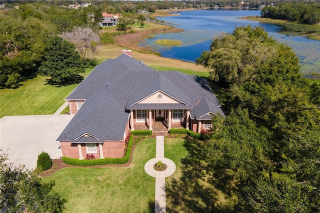 drone / aerial view featuring a water view