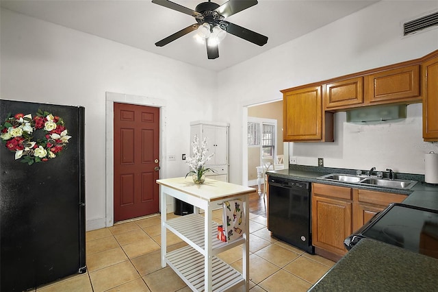 kitchen with light tile patterned flooring, sink, ceiling fan, and black appliances