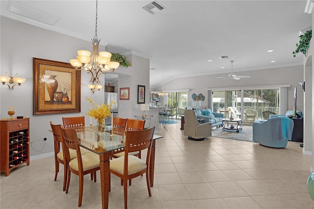 dining area featuring ornamental molding, light tile patterned floors, vaulted ceiling, and ceiling fan with notable chandelier