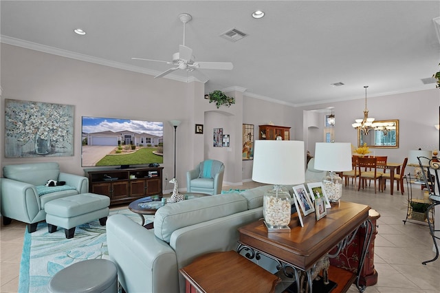 living room with ornamental molding, ceiling fan with notable chandelier, and light tile patterned floors