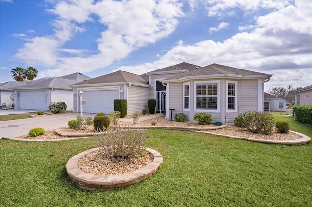 single story home with a garage and a front yard