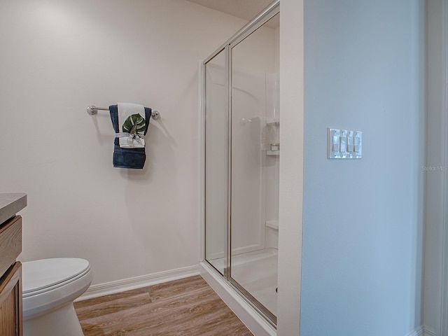 bathroom featuring vanity, wood-type flooring, toilet, and walk in shower