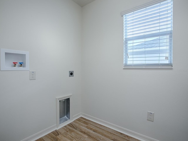 washroom featuring a healthy amount of sunlight, washer hookup, hookup for an electric dryer, and light hardwood / wood-style flooring
