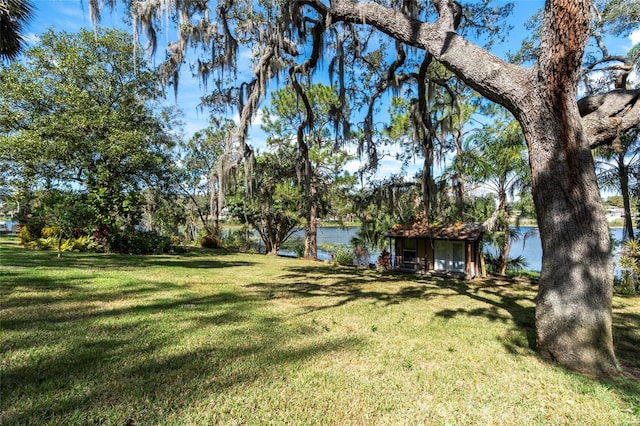 view of yard with a water view