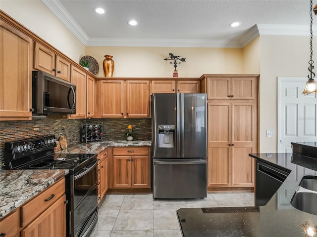 kitchen featuring dark stone countertops, electric range, tasteful backsplash, black fridge with ice dispenser, and decorative light fixtures