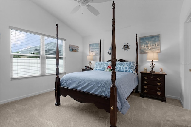 bedroom with lofted ceiling, light colored carpet, and ceiling fan