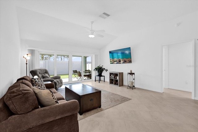 1392 Kenneth St, The Villages, FL 34762 - living room featuring light tile patterned flooring, ceiling fan, and vaulted ceiling