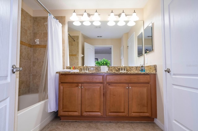 bathroom with shower / tub combo with curtain, vanity, and tile patterned flooring