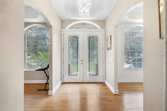 entryway featuring a wealth of natural light, a raised ceiling, and light wood-type flooring