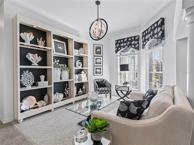 living area with built in shelves, a notable chandelier, and crown molding