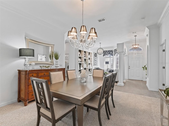 dining space with light tile patterned floors, baseboards, visible vents, light colored carpet, and an inviting chandelier