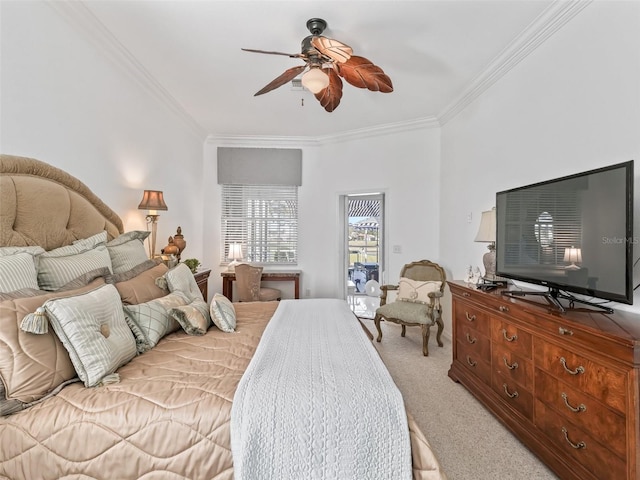 bedroom with light carpet, access to exterior, ceiling fan, and ornamental molding