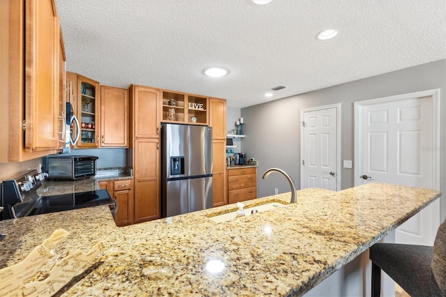 kitchen featuring light stone counters, sink, kitchen peninsula, and appliances with stainless steel finishes