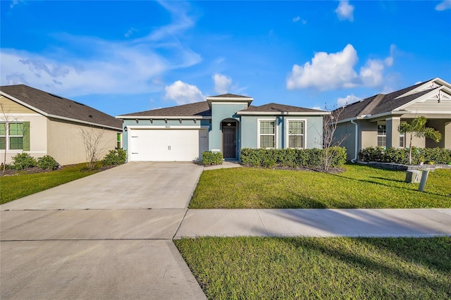 ranch-style home featuring concrete driveway, a front yard, an attached garage, and stucco siding