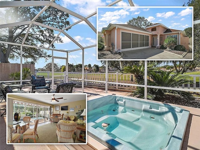 view of swimming pool featuring glass enclosure, a patio, an outdoor hot tub, and fence