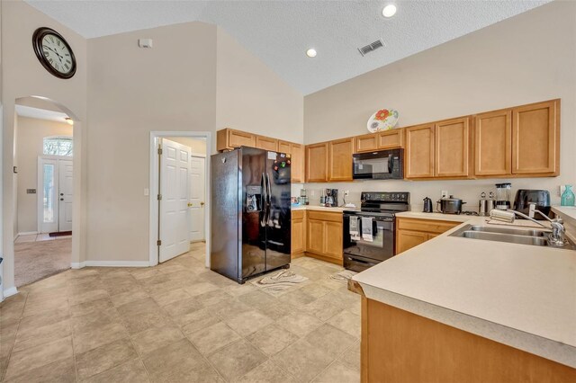 4078 Waltham Forest Dr, Tavares, FL 32778 - kitchen featuring high vaulted ceiling, sink, a textured ceiling, and black appliances