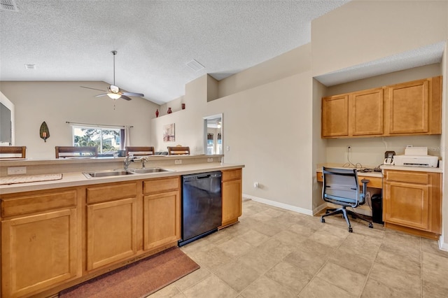 4078 Waltham Forest Dr, Tavares, FL 32778 - kitchen with lofted ceiling, sink, ceiling fan, black dishwasher, and a textured ceiling